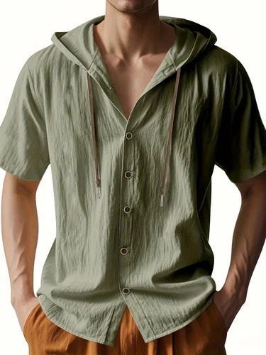 Camisa con capucha de lino ligera y transpirable para hombre, ropa informal holgada de manga corta con botones en la parte delantera, ropa de verano para exteriores