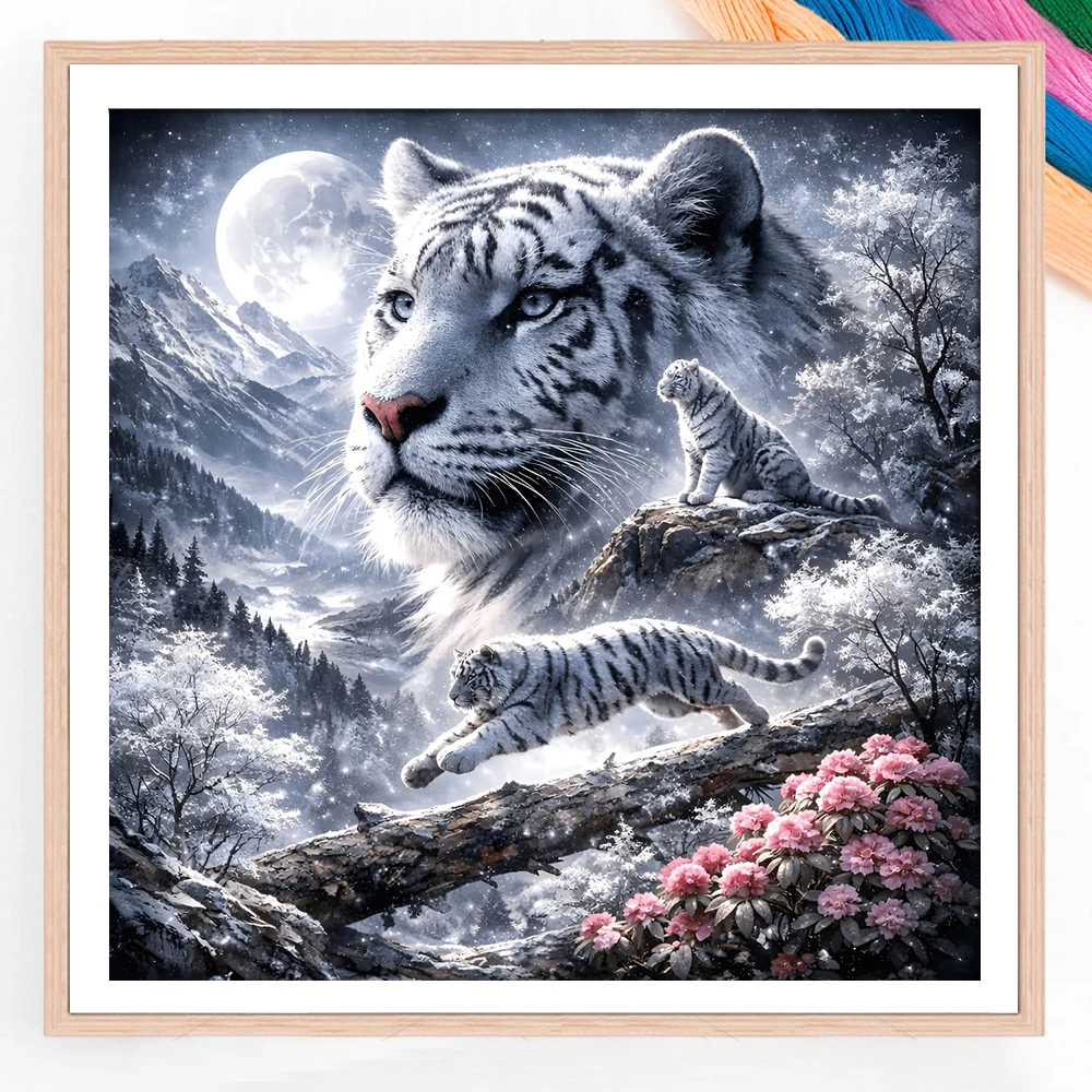 Animal Cross Stitch New DIY 11CT Cotton Thread Printed Snowy Mountain White Tiger Embroidery Kits Home Decoration
