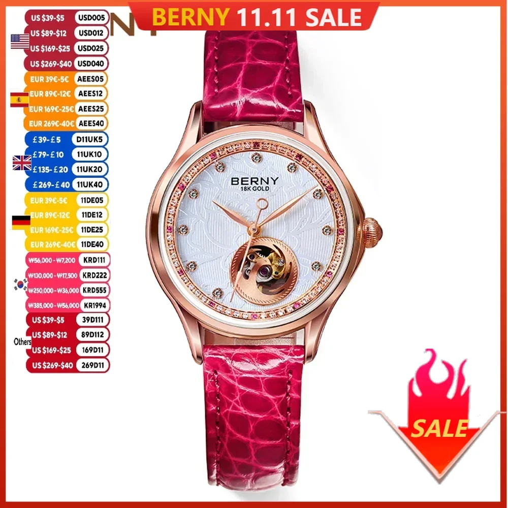 BERNY Mechanical Watch Women Luxury 18K Gold Ladies Clock Automatic Self-Wind Sapphire Glass 72 Diamond 5ATM Skeleton Design