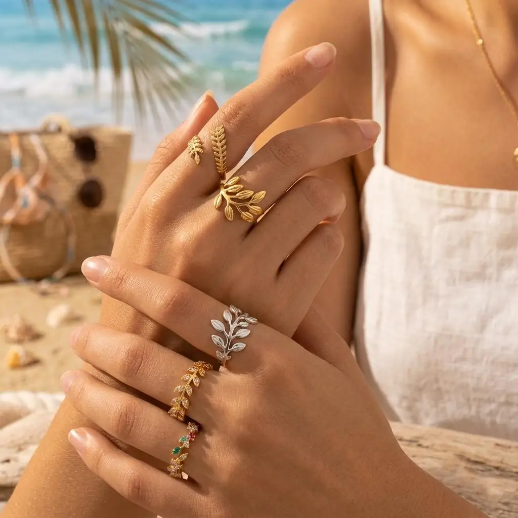 Stainless Steel Adjustable Open Leaf Ring for Women, Olive Branch Wheat Branch CZ Crystal Stackable Statement Jewelry