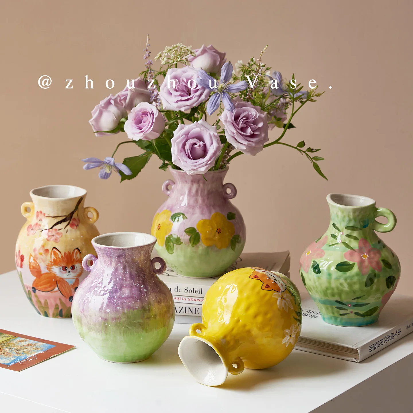 YFY New Chinese-style retro light luxury oil painting style hand-painted ceramic vase high-end water-feeling  vase living