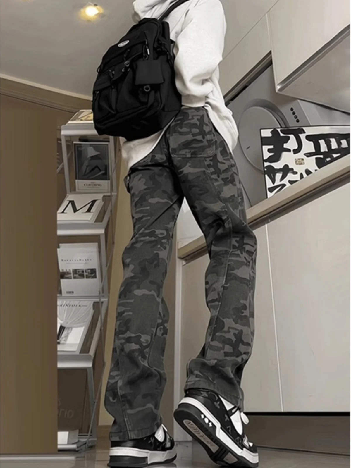 

American Retro Camouflage Jeans Men's Trendy Brand Handsome Streetwear Micro Flared Knife Denim Straight Leg Logging Wor...