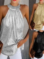 Women Gold Blouse 2025 New Fashion High Neck Sleeveless Hatler Tank Top Vest Summer Casual Loose Blouse Shirt Tee - Image 6