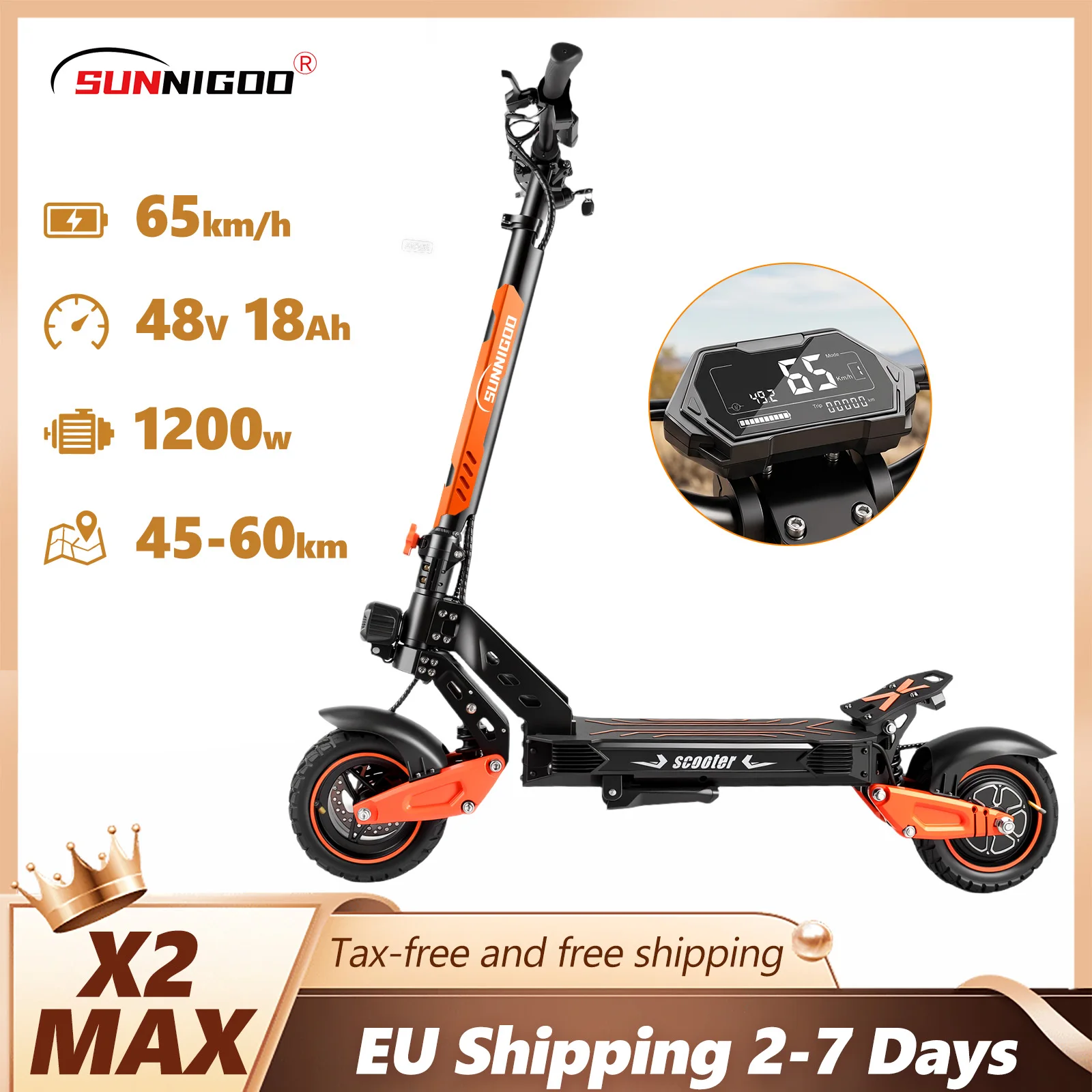 SUNNIGOO X2/X2MAX Elektroroller für Erwachsene, einstellbare Geschwindigkeit, 1200W Hochleistungsmotor, 48V 18Ah Akku, Höchstgeschwindigkeit 65 km/h, 35-60 km Reichweite, mit großem LCD-Display,