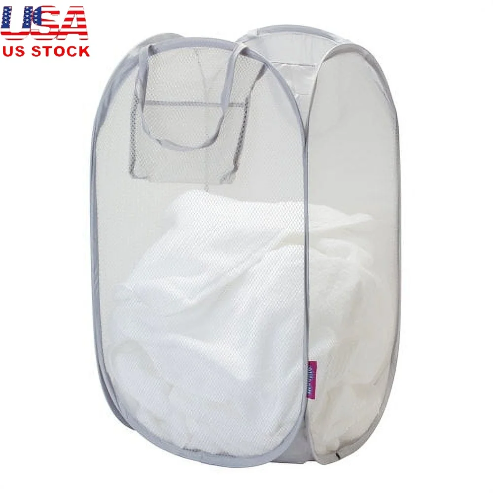 Pop Up Laundry Hamper Antimicrobial Mesh Foldable Storage Basket with Side Pocket Carrying Handles Home Organization