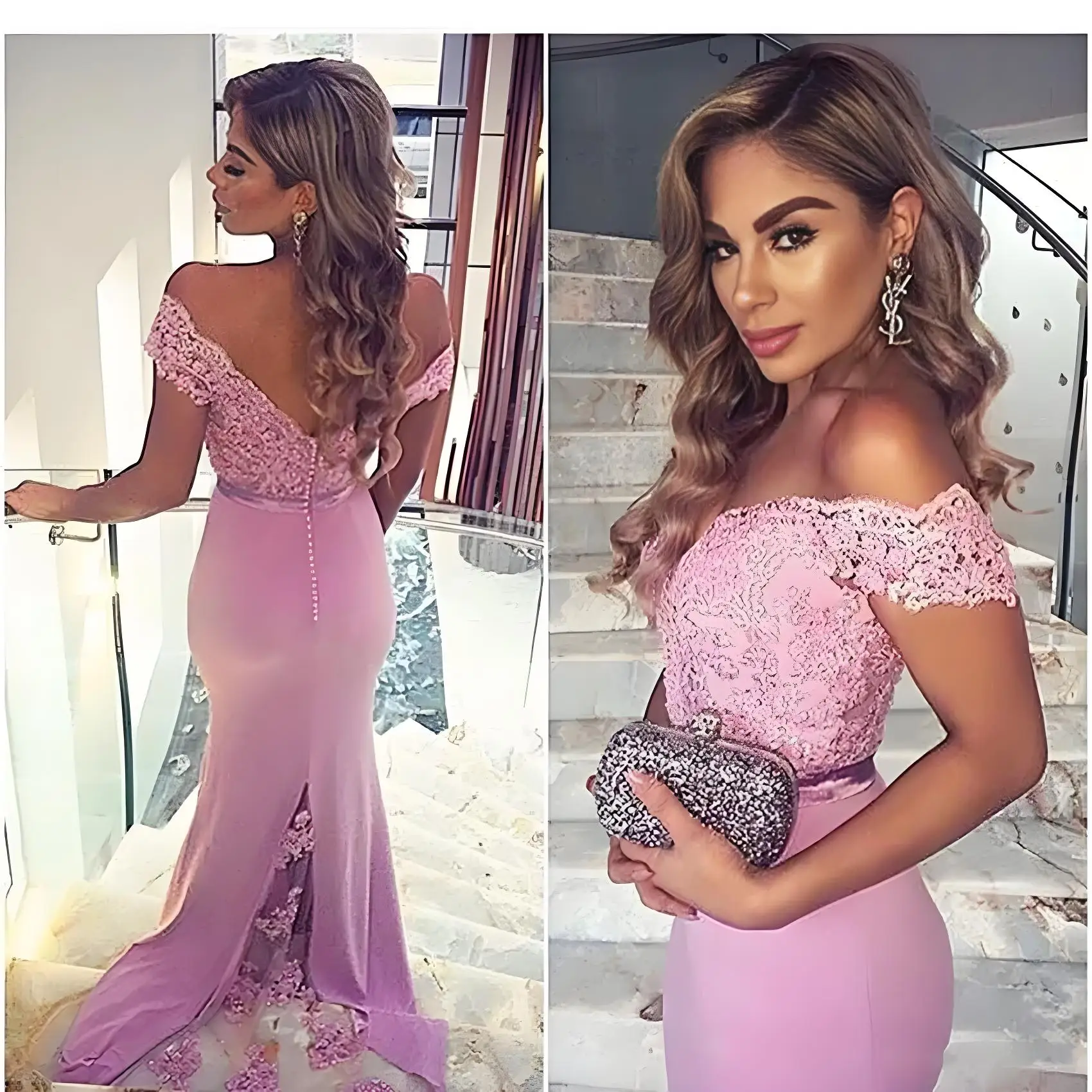 Beshinel Maßgeschneiderte Rose Rosa Spitze Off Shoulder Meerjungfrau Brautjungfernkleider Seidensatin Seitenschlitz Hochzeit Party Abendkleid