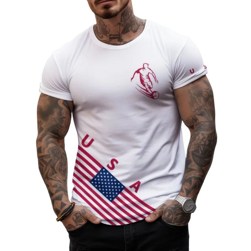 USA Men's T-shirt Fans Flag Football Soccer Jerseys Oversized Tops Sports Night Run Hiking Camping Speed Dry Fitness Casual