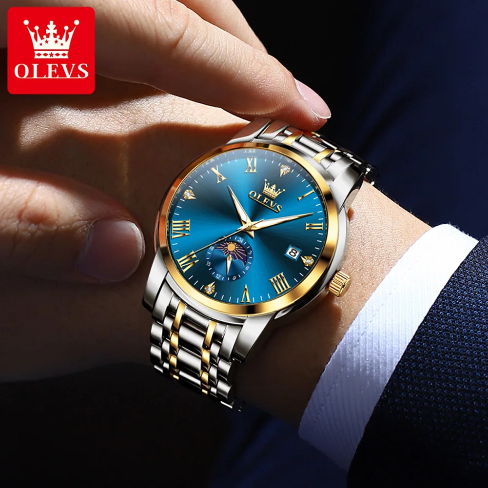 OLEVS 3656 ساعة رجالية فاخرة تاريخ تلقائي الرومانية الهاتفي مقاوم للماء ساعة الفولاذ المقاوم للصدأ مضيئة Moonphase ساعة رياضية للرجال