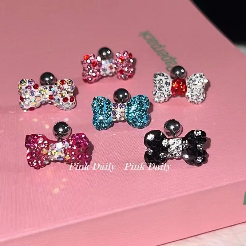 Attractive Gothic Punk Rock Party Colorful Full Zircon Bow Earbone Nail for Female Crowd Design Super Sparkling Cochlear Nail