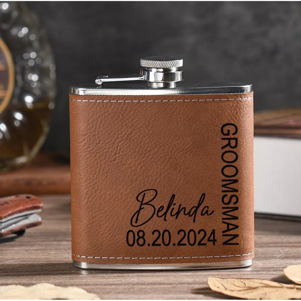 Laser Engraved Flasks for Groomsmen,Leather Flask Set,Personalized Flask for Men,Engraved Hip Flask,Groomsman Flask,Groomsmen Pr