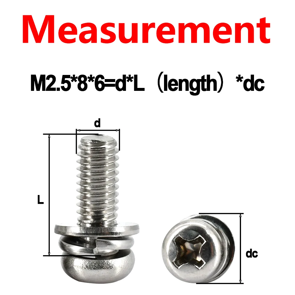 Cross Round Head Three Sem Screws with Washer M2 M2.5 M3 M4 M5 M6 M8 304 Stainless Steel Three-Combination Screw Furniture Parts