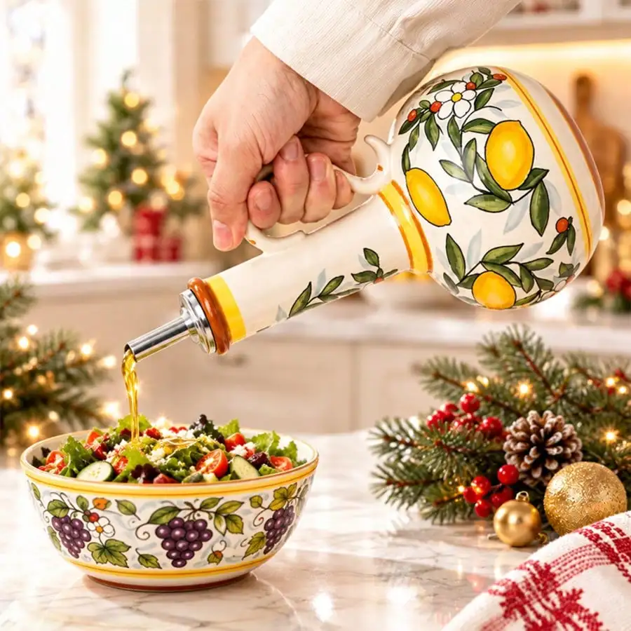 Hand-Painted Ceramic Olive Oil Dispenser With Handle, Leak-Proof Stainless Steel Oil Vinegar Bottle, Large Capacity Underglaze Painting Condiment Container, Decorative Kitchen Seasoning Bottle For Soy Sauce Vinegar, Unique Art Kitchen Decor Gift