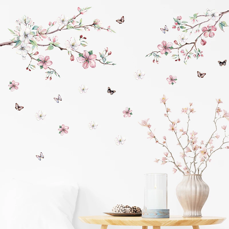 Pokój dziewczyn naklejki ścienne akwarela różowa brzoskwinia Blossom naklejki ścienne z motylem do salonu sypialnia kobiety prezenty Home Decoration