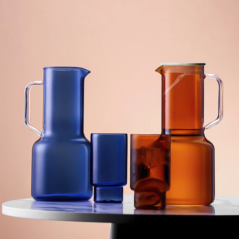 Creative Colored Heat Resistant Glass Cold Water Jug and Cups Set Home Juice Pitcher with Handle High Capacity Lemonade Kettle