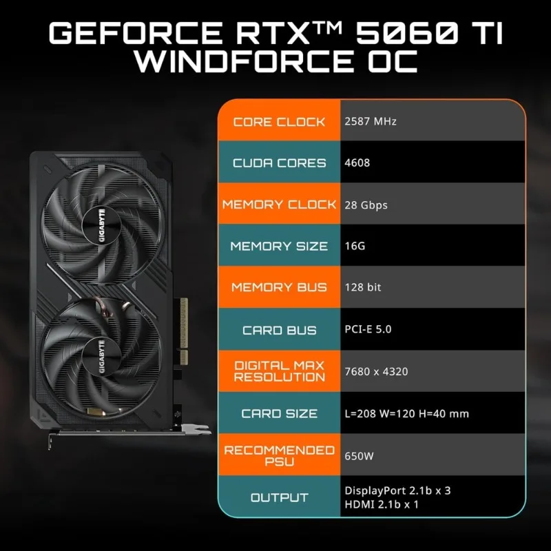 

Видеокарта GeForce RTX 5060 Ti WINDFORCE OC 16G GDDR7 128-бит PCIe 5.0 для доставки в США