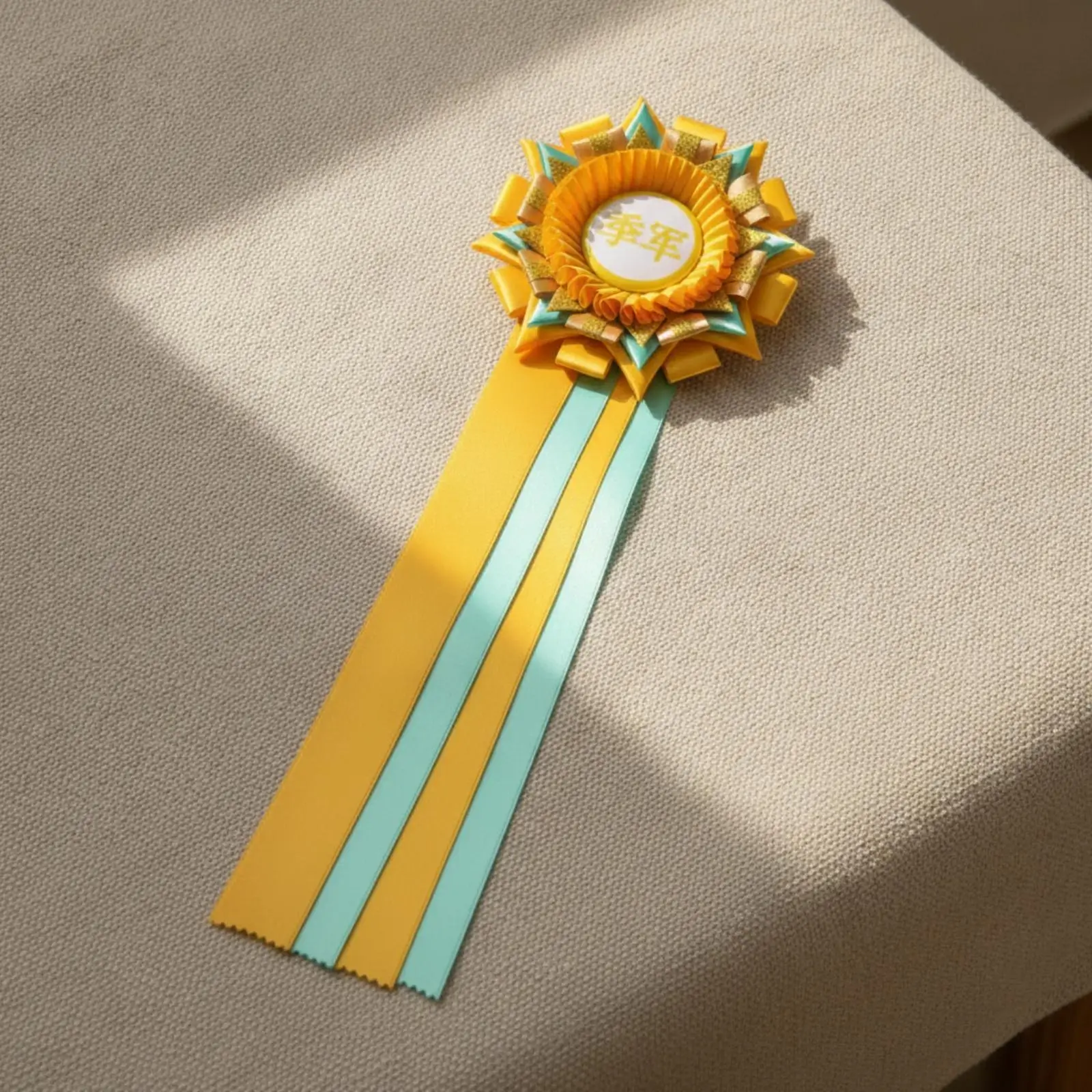 Ribbon Award Badge Golden Rim Rosette Badge with Ribbon Tails Layered Pleated for Winners, Competitions, Ceremonies
