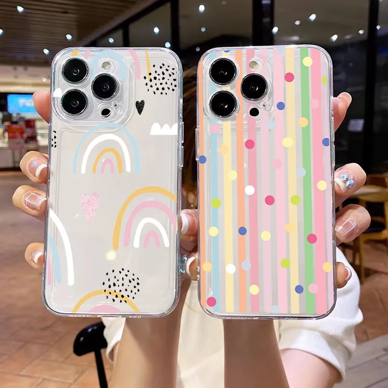 Case for IPhone 16e 16 15 14 13 12 11 Pro Max 15 16 Plus 13 12 Mini 7 8 SE Cover Clear Colorful Wave Point Love Heart TPU Fundas