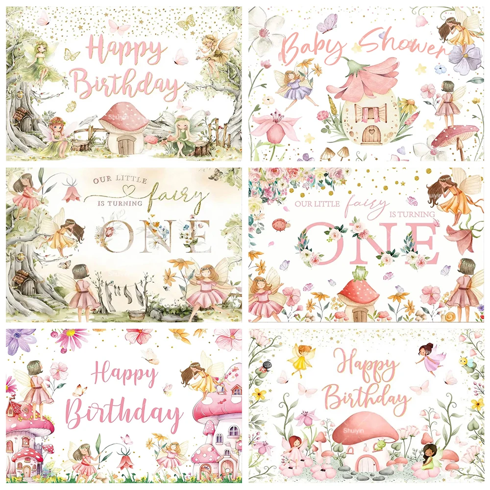 

Flowers Fairy Backdrop Elf Mushroom Butterfly Fairy Girl Birthday Decorations Party Supplies Baby Shower Banner Photo Shoot Prop