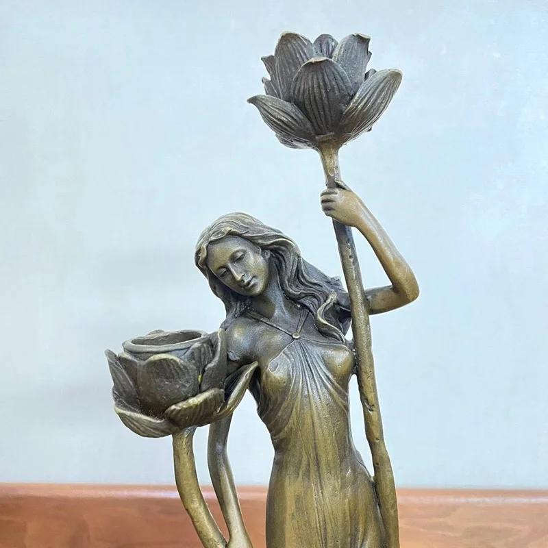 Lotus candlestick bronze sculpture, lotus fairy sculpture, home decoration sculpture, living room foyer sculpture