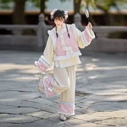 Winter Women Chinese Clothing Qing Dynasty Style Blue Flower Print Vest Beige Fleece Top Pants Hanfu Set Modern Hanfu Dress