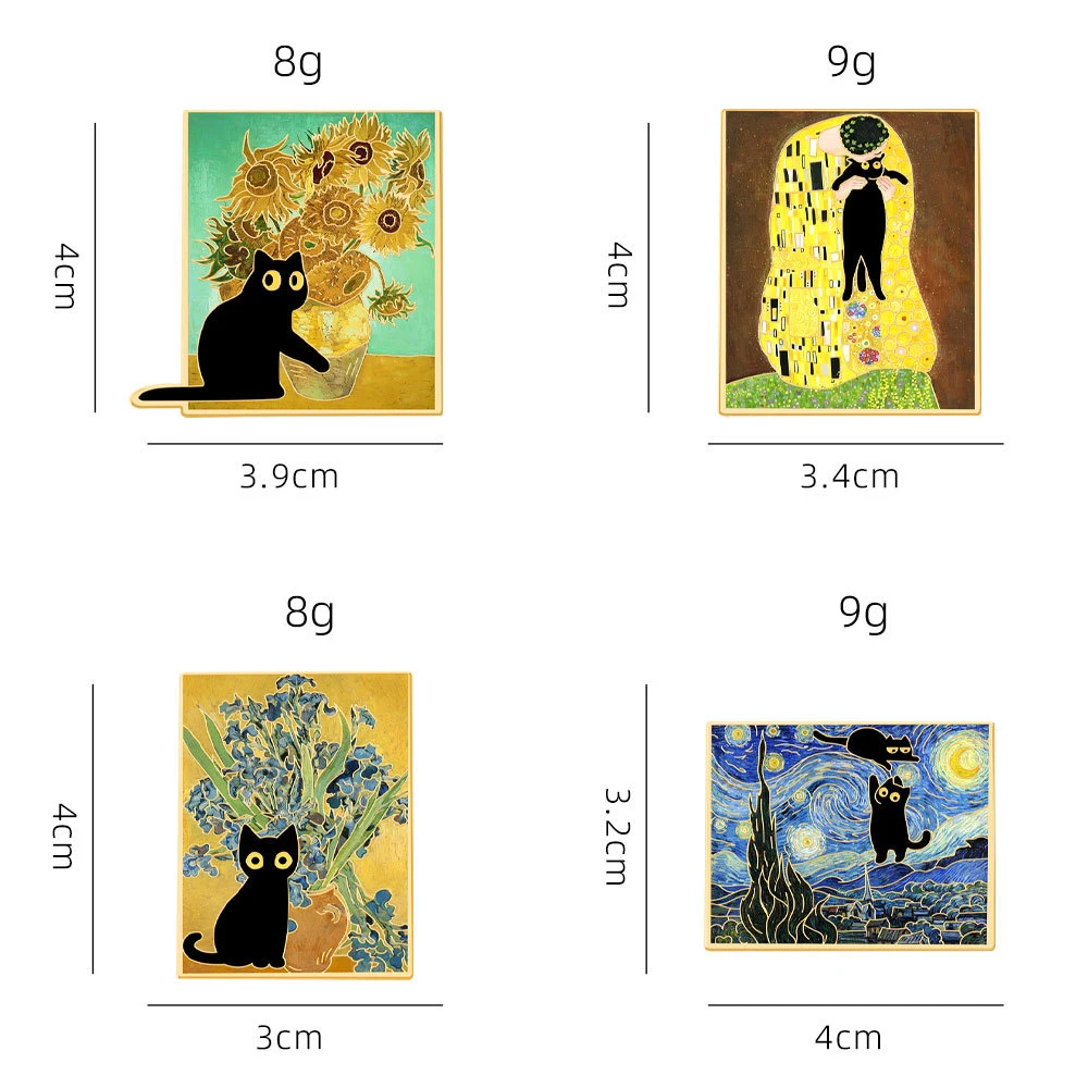 Cute Oil Painting Black Cat Brooches Lapel Pins Sunflower Starry Sky Orchid Abstract Oil Painting Cat Cartoon Badge Jewelry Gift