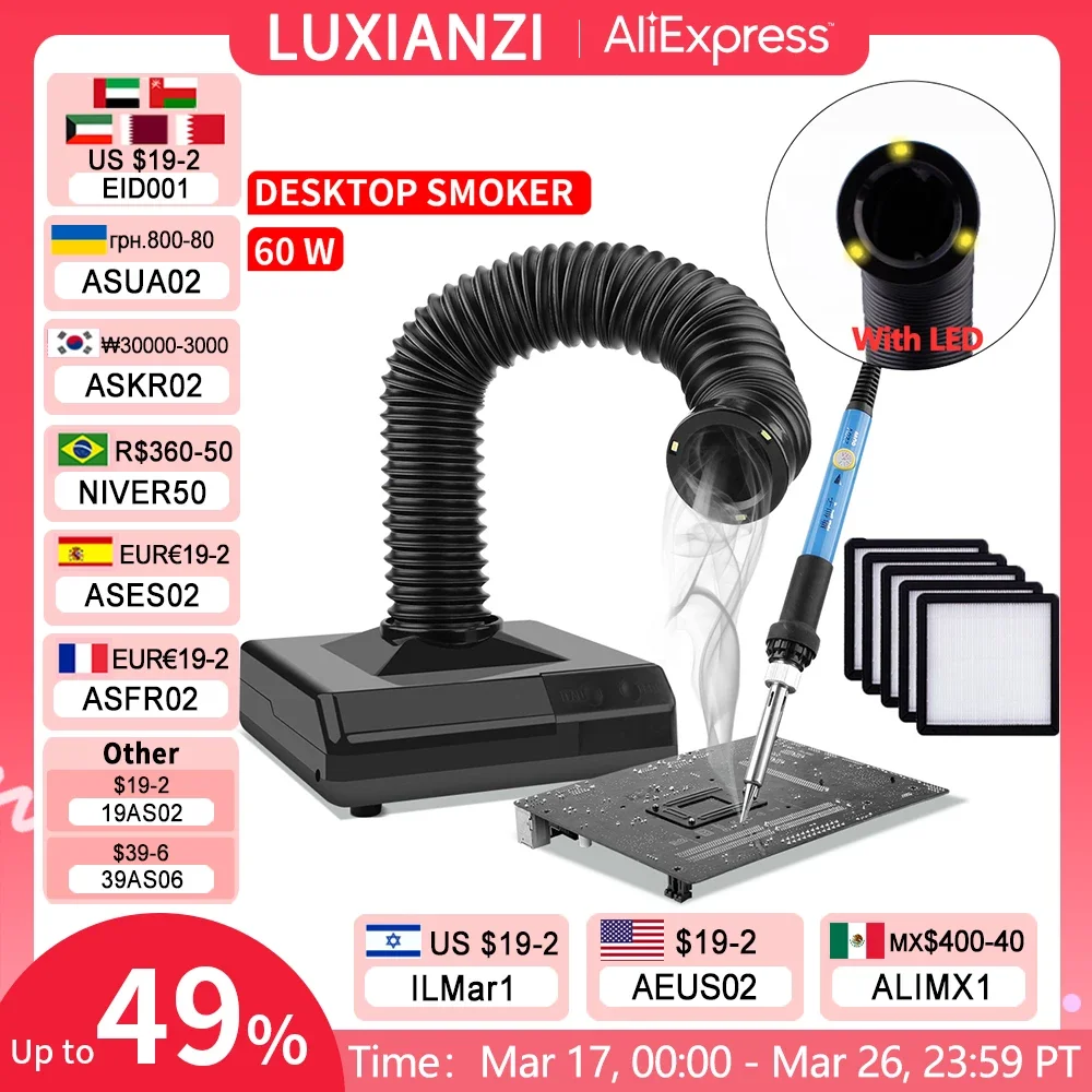 LUXIANZI Extractor de humos instrumento para fumar con luz LED 220v filtro de carbón activado esponja soldadura hierro absorbente de humo