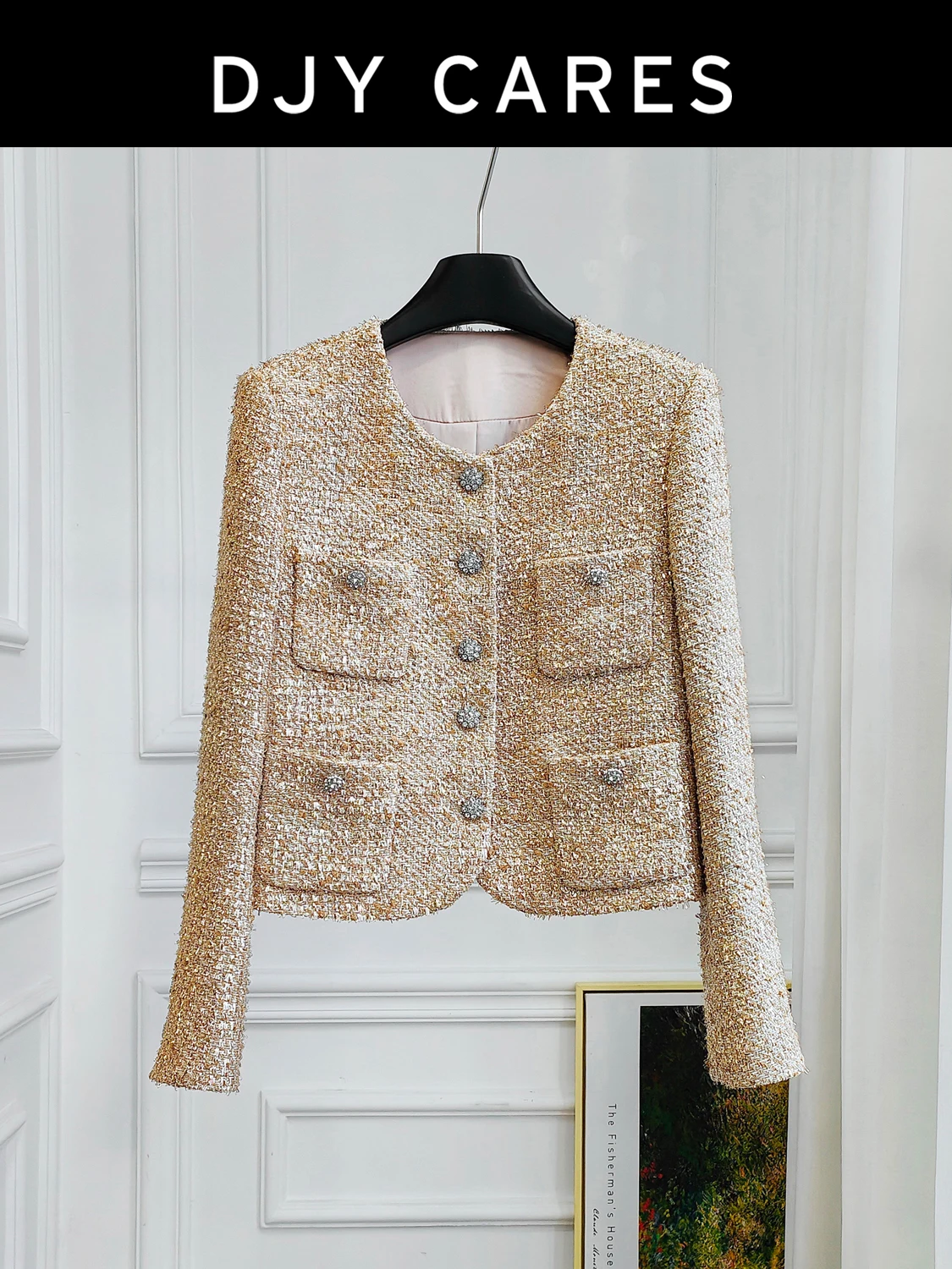 New Coarse tweed noble gold heavy woven tweed coat exquisite short jacket big size