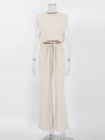 Spring Summer 2025 Women Holiday Linen Pant Set Crop Tops Solid Outfits 2 Two Piece Matching Set For Women - Image 5