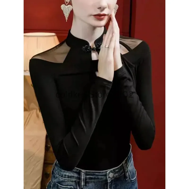 

COSda@Vintage Irregular Mesh Long Sleeve T-Shirt Tops for Fall Winter Cheongsam Top Chinese Style Unique Qipao Base Shirt for Wo