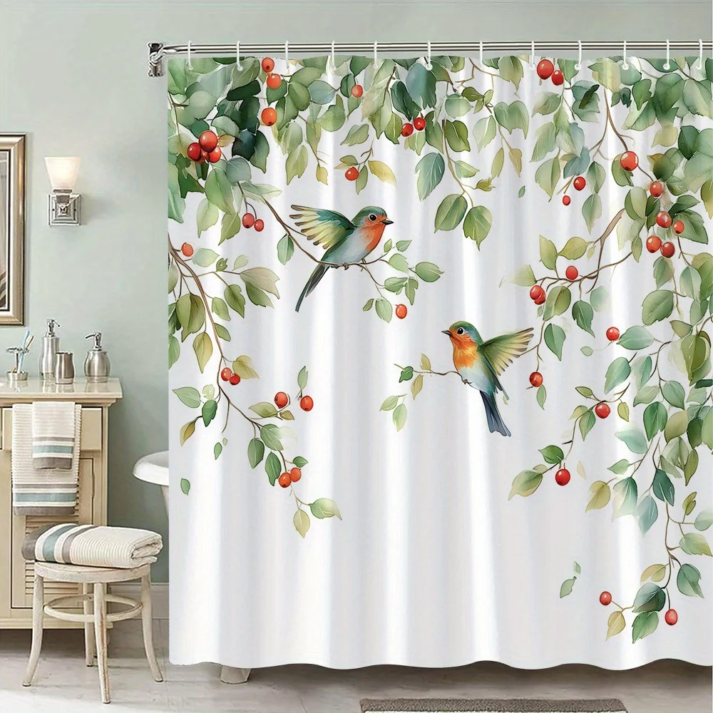 

1 красочная акварельная занавеска для душа с птицами и красными ягодами, зеленая и красная птица с пышными зелеными листьями, полиэфирная ткань, с крючком