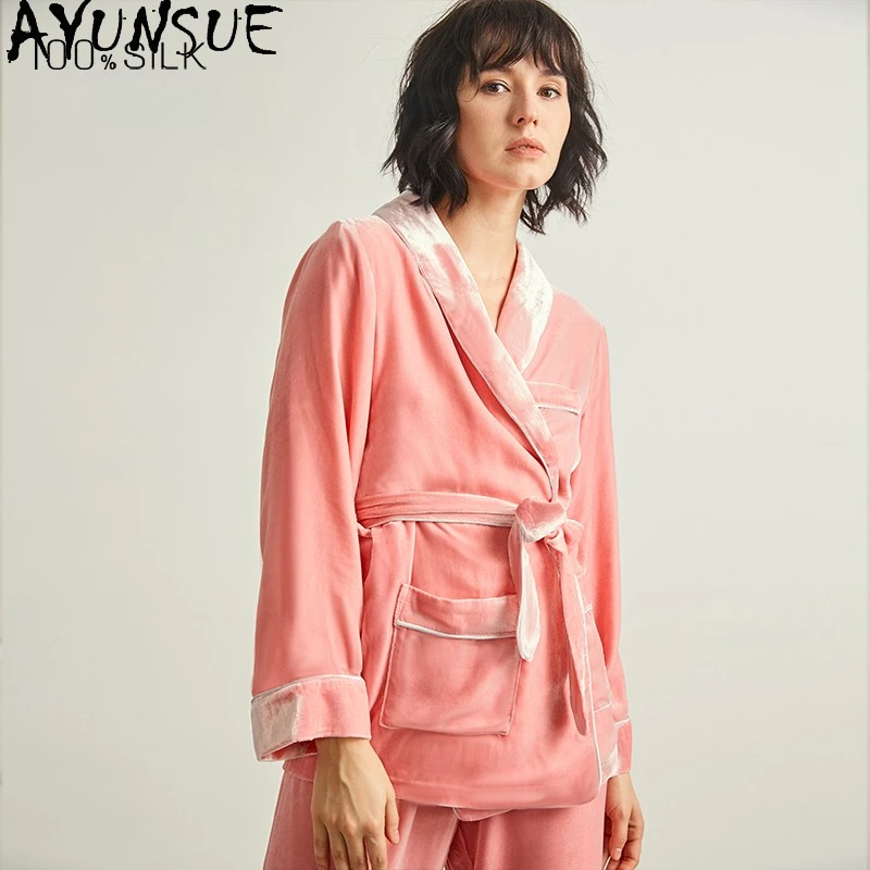 AYUNSUE 100% Mulberry Silk Pajamas for Women 19MM Silk 2026 Spring Autumn Newarrive Thick Sleepwear Bathrobes Pijama Feminino