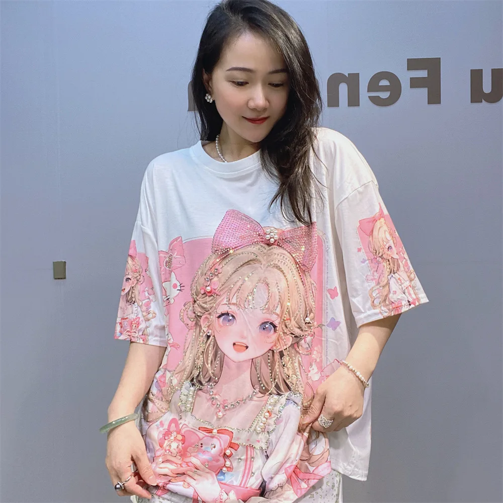 

Cartoon Pattern Printed Short Sleeve T-shirts Women Clothing Hot Drilling Loose Casual White Thin Tops Tee Female Женская Одежда