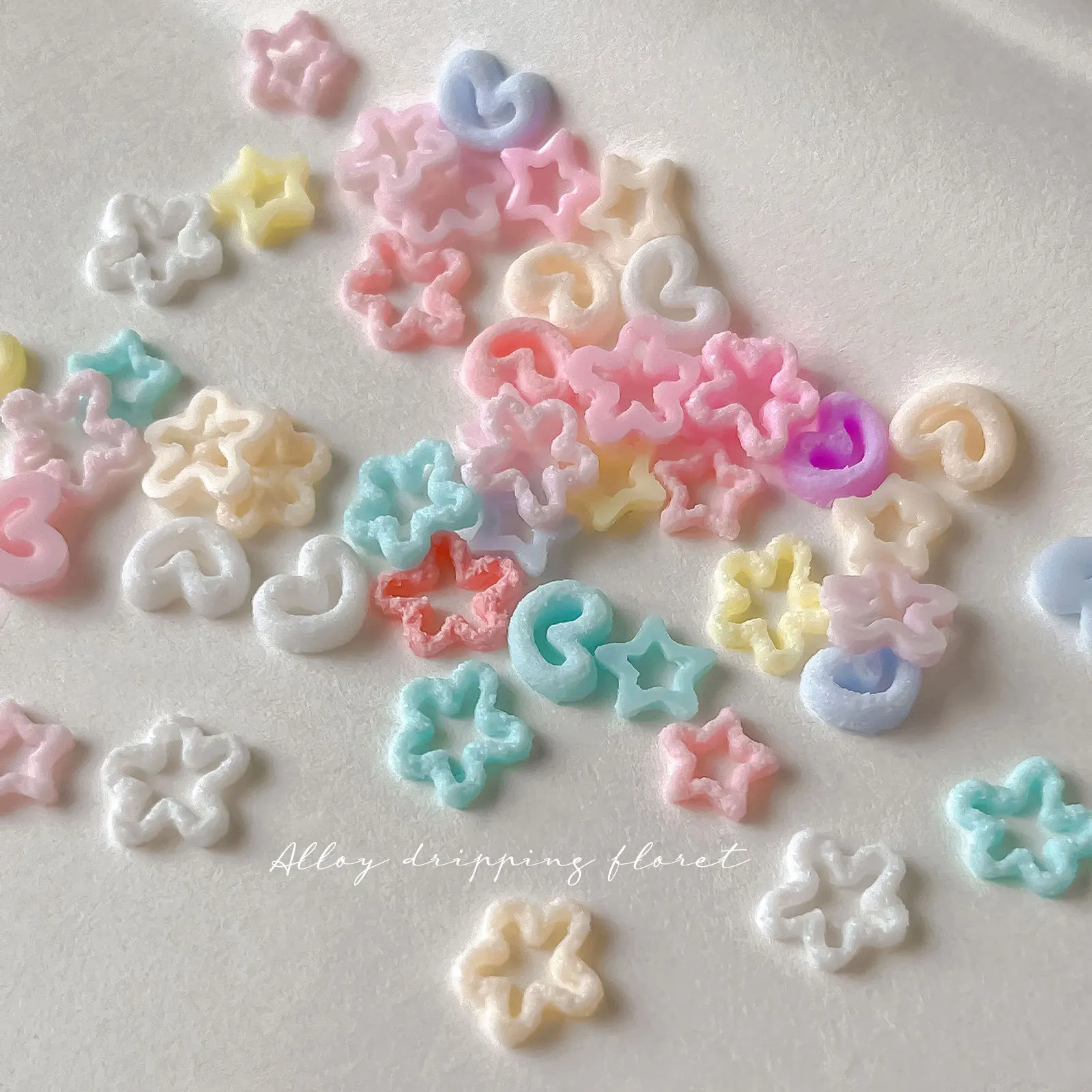 50PCS Mix Macaron Sugar Sand Hollow Star Heart Nail Charms 3D Resin Candy Color Kawaii Y2K DIY Nails Art Decoration Accessories