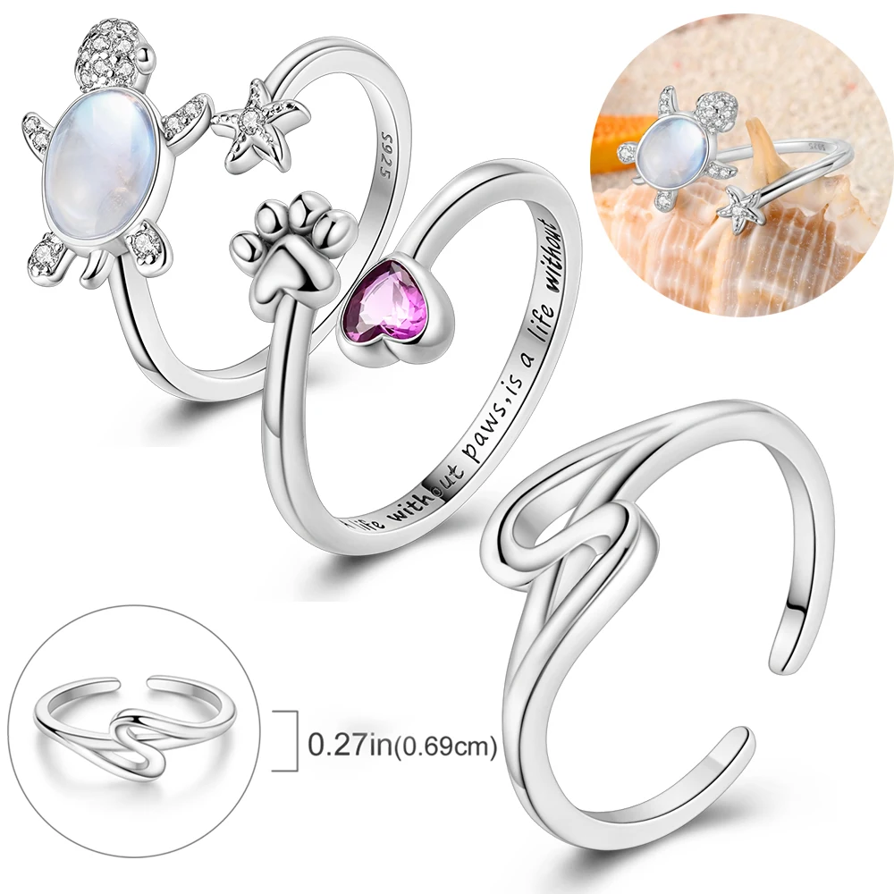 925 Sterling Silver Turtle Starfish&Claw Print Heart&Double layered Curved Winding Open Ring