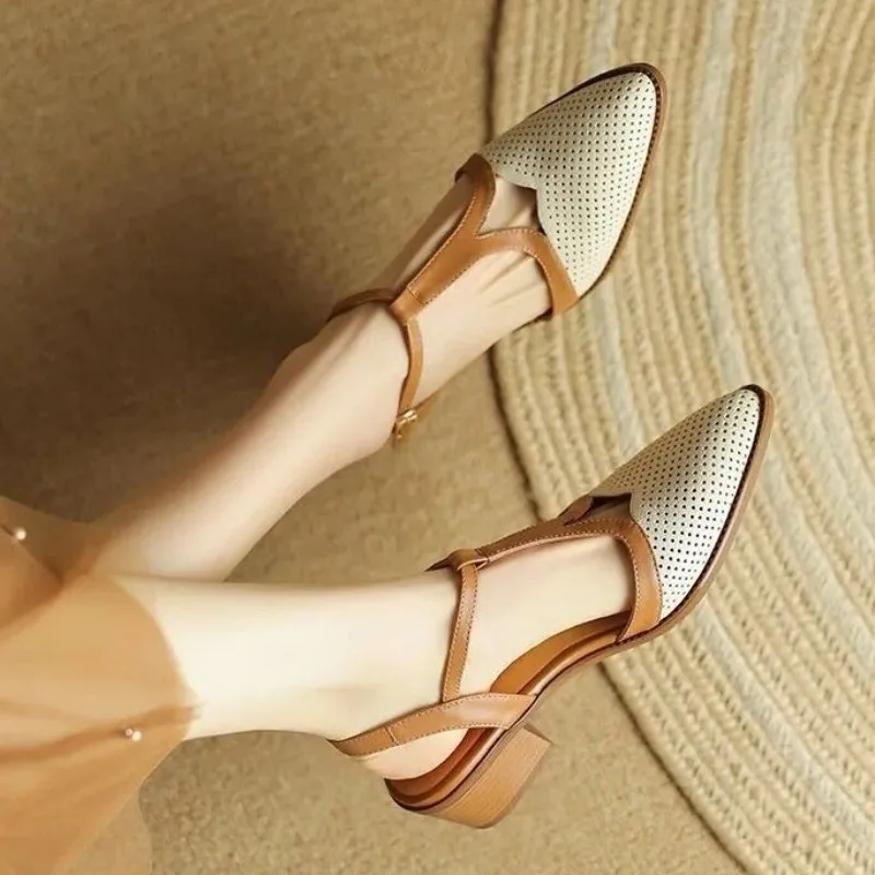

Women's Sandals 2024 New French Retro Thick Medium Heel Sandals Women Summer Outdoor Casual Versatile Dress Shoes Female Zapatos