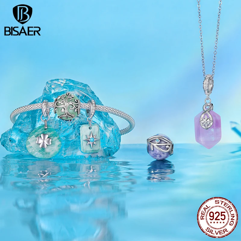 BISAER-abalorio de Aventurina de árbol de la vida verde para mujer, de Plata de Ley 925, colgante de amazonita de la suerte, compatible con pulsera DIY, joyería fina