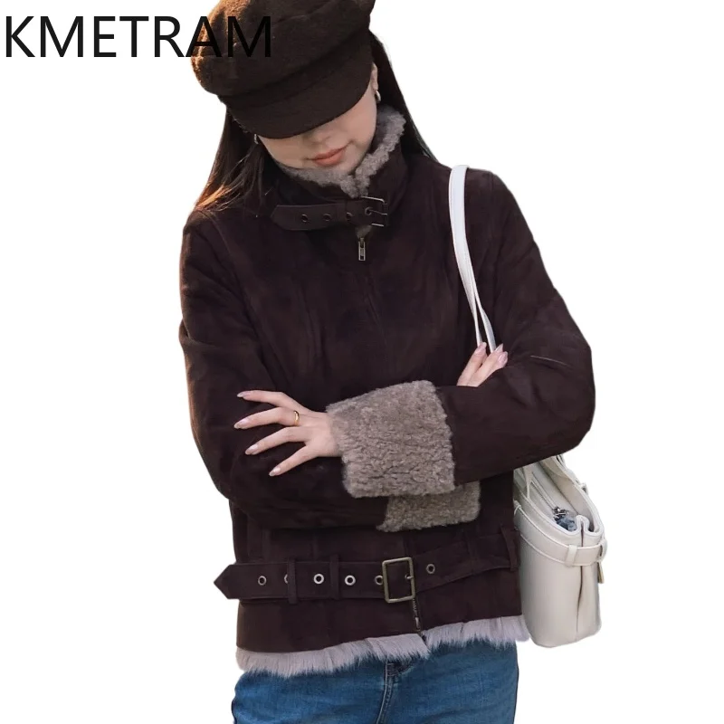 

KMETRAM Natural Goat Wool Sheepskin Fur Coat Woman Slimming and Deep Brown Outerwears Short Winter Jacket 2025 дубленка женская