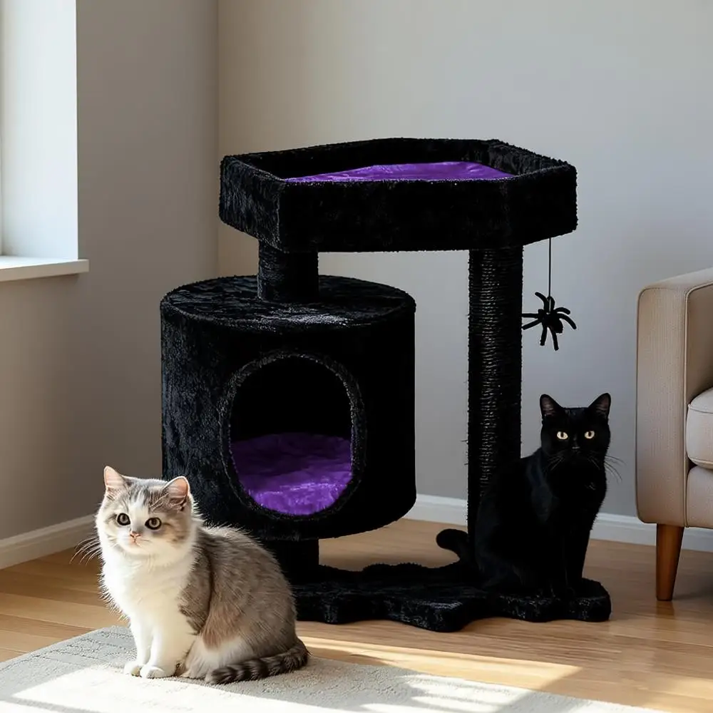 

Готический кошачий домик-дерево с лежанкой-копилкой, с царапающими стойками, полками, игрушками для котят, черно-фиолетовый, маленький