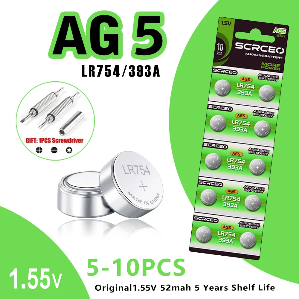 5-10 قطعة LR754 AG5 393 SR754 193 LR48 1.5 فولت بطارية ليثيوم ثاني أكسيد المنغنيز ، مناسبة للحاسبة والساعات