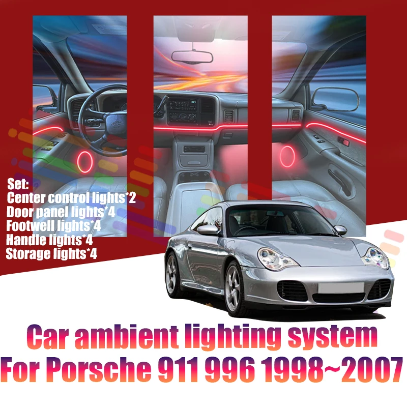 Luces LED Ambientales para Porsche 911 996 1998~2007, Luces de Atmósfera Coloridas, Tira de Neón Interior para Auto, Iluminación RGB de 64 Colores, Pieza de Auto