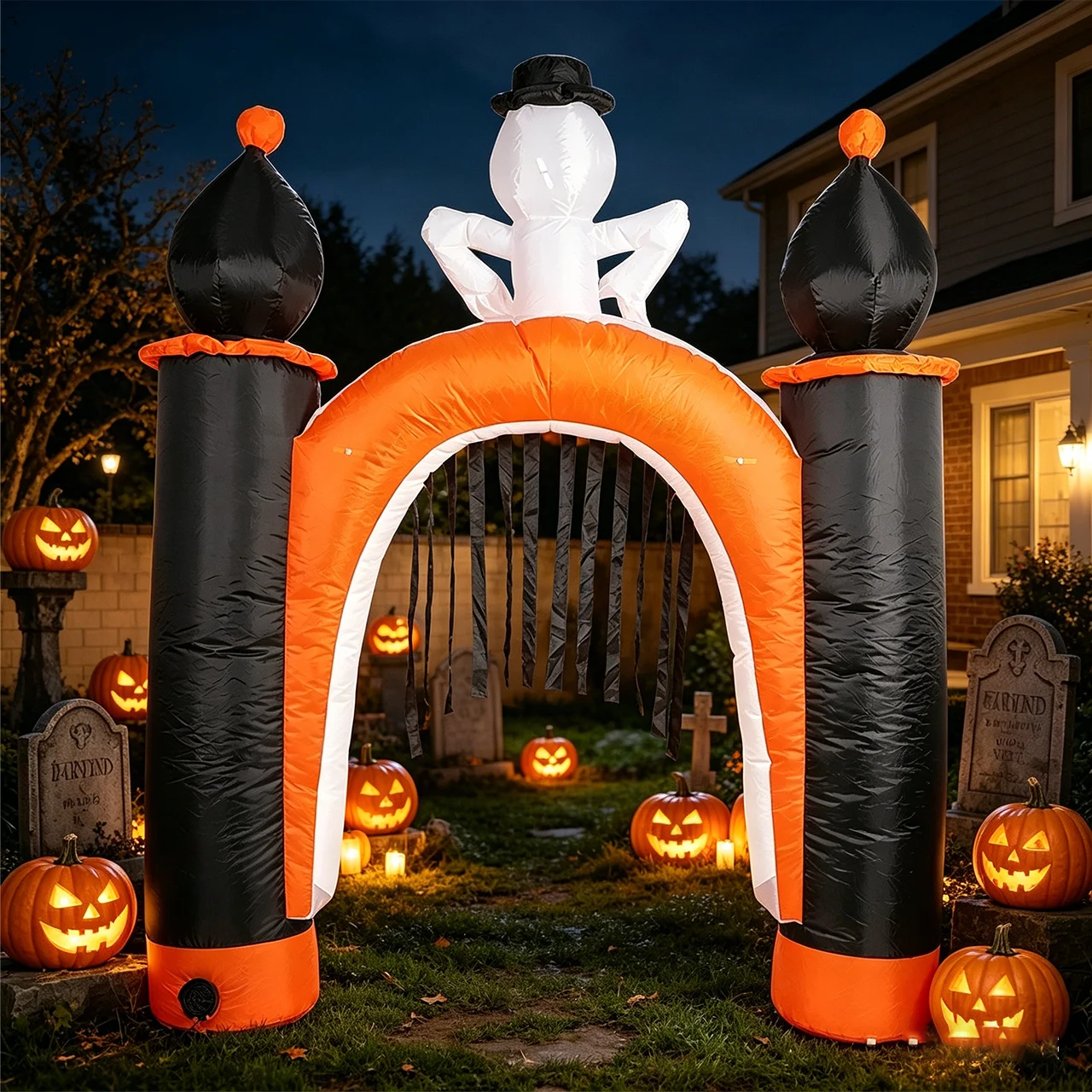 2.5m Large Light-Up Halloween Arch Ghost Black Cat Inflatable Model Outdoor Lawn Garden Party Event Decoration Waterproof Durable Fabric Polyester Material Foldable with Blower and Led Lights