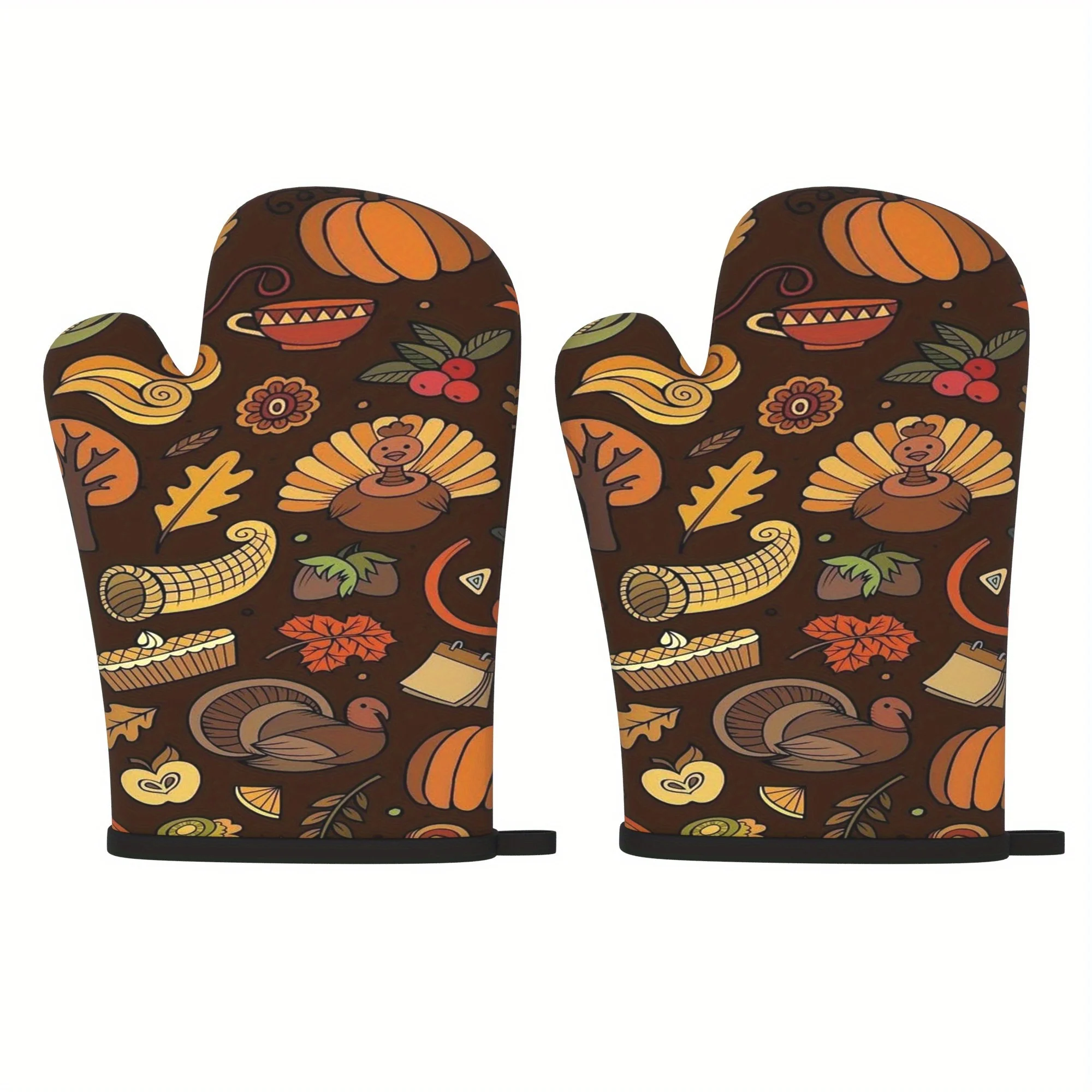 2pcs Heat Resistant Kitchen Oven Gloves Brown Fall Turkey Oven Mitts Suitable for Kitchen Decoration, Barbecue, Microwave