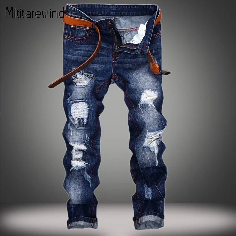 

American High Street Ripped Jeans for Men Casual Cotton Washed Distressed Straight Jeans Y2k Streetwear Fashion Denim Pants Men