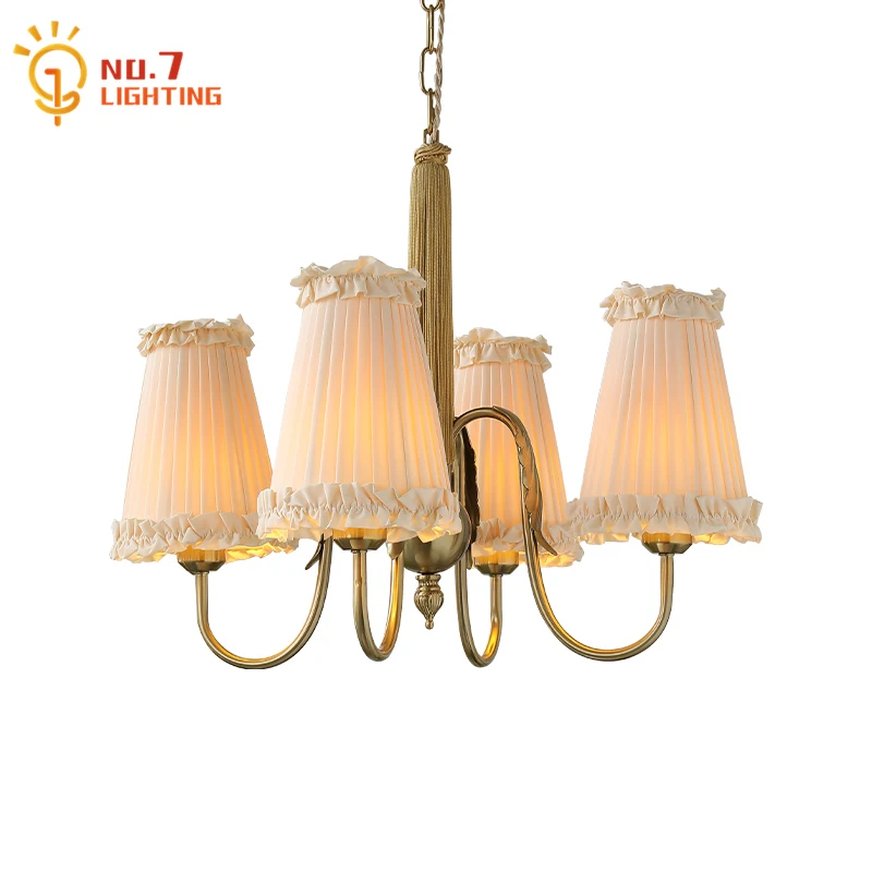 American Retro Fringed Fabric Chandelier Lighting LED E27 French Vintage Art Decorative Hanging Lamp Living Room Restaurant Cafe