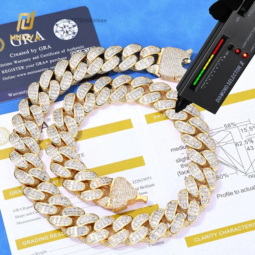925 NUOYA18mm Sterling Silver 3 Row Baguette Cut Moissanite Cuban Link Chain Hip Hop Necklace Gift for Men and Women..