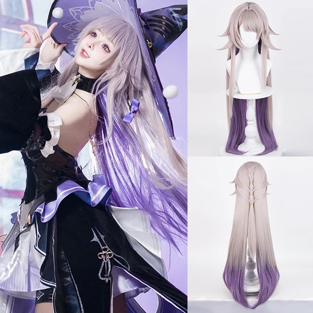 Honkai Star Rail Herta Wig Long Straight Synthetic Ombre Purple Layered Braids Fluffy Game Cosplay Wig for Daily Party