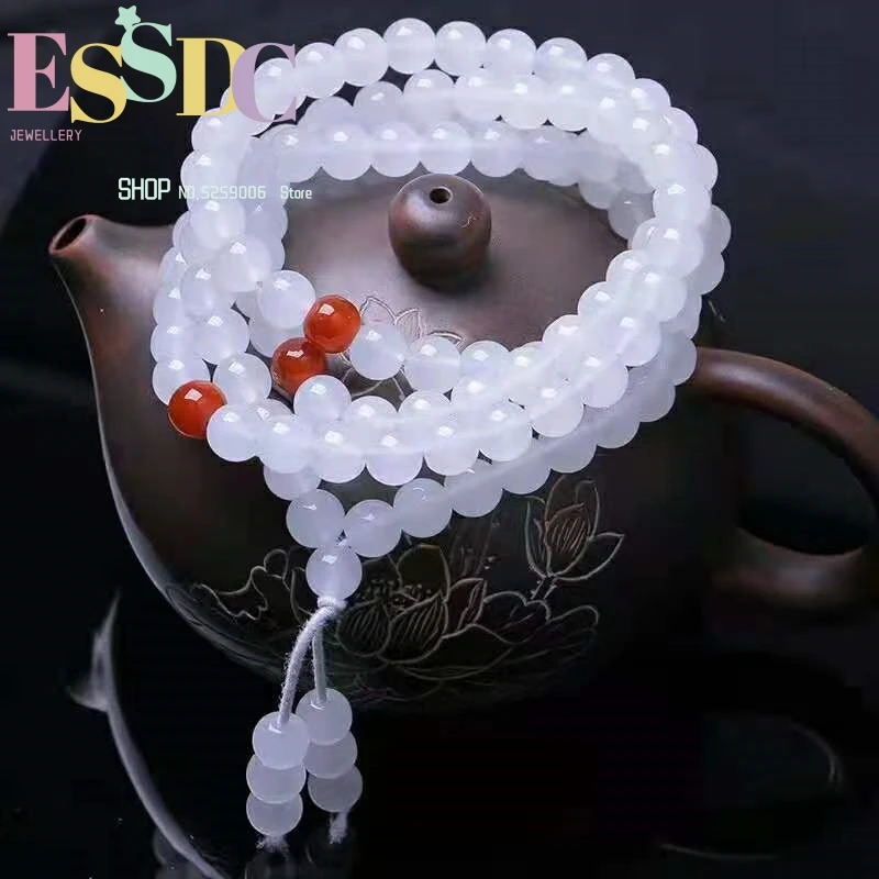 New Arrival Natural White Onyx 108 Buddha Mala with Pink Crystal Stone Bracelet Women's Jewelry Gift Yoga Meditation Necklace