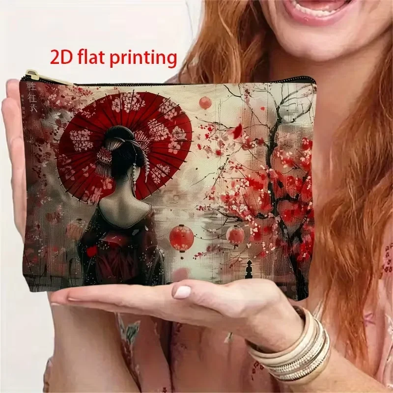 Japanese Geisha Makeup Bag | Elegant Cherry Blossom Red Umbrella Design, Zippered Travel Pouch, Lightweight Japanese Beauty Gift - view 3