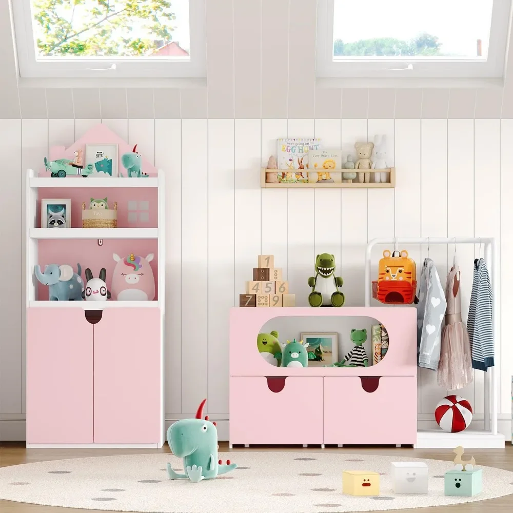 Modular Type Kids Bookshelf & Toy Storage with Two Movable Toy Box, 69" Large Toy Storage Organizer with Clothes Rack