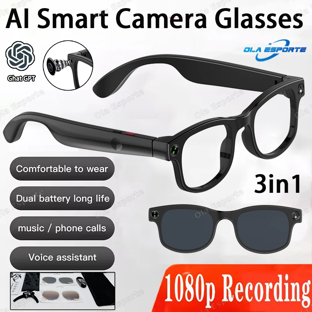 

3in1 AI Smart Glasses 500W HD Camera Multifunctional Seeing Knowing AI Translation Stereo Mic Touch Sports Sunglasses Men Women